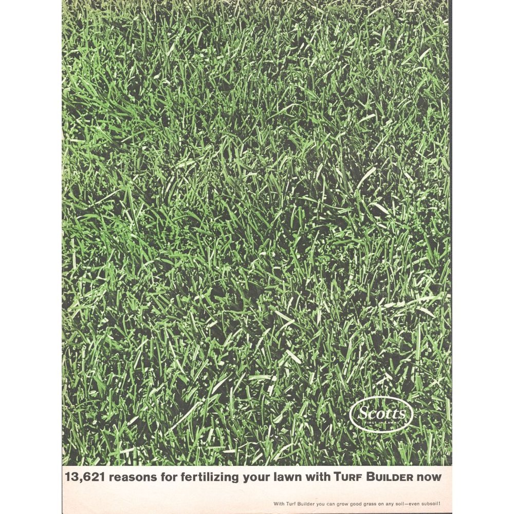 1961 Scotts Turf Builder Lawn Care Fertilizer Seed Vintage Print Ad Green Grass